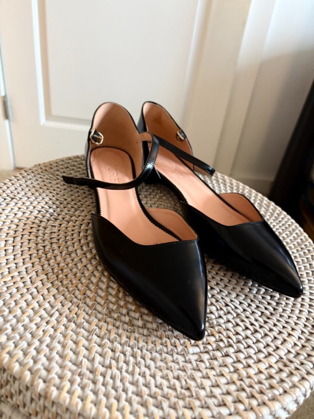 J.Crew Black Pointed-Toe Ankle-Strap Flats, Size 10